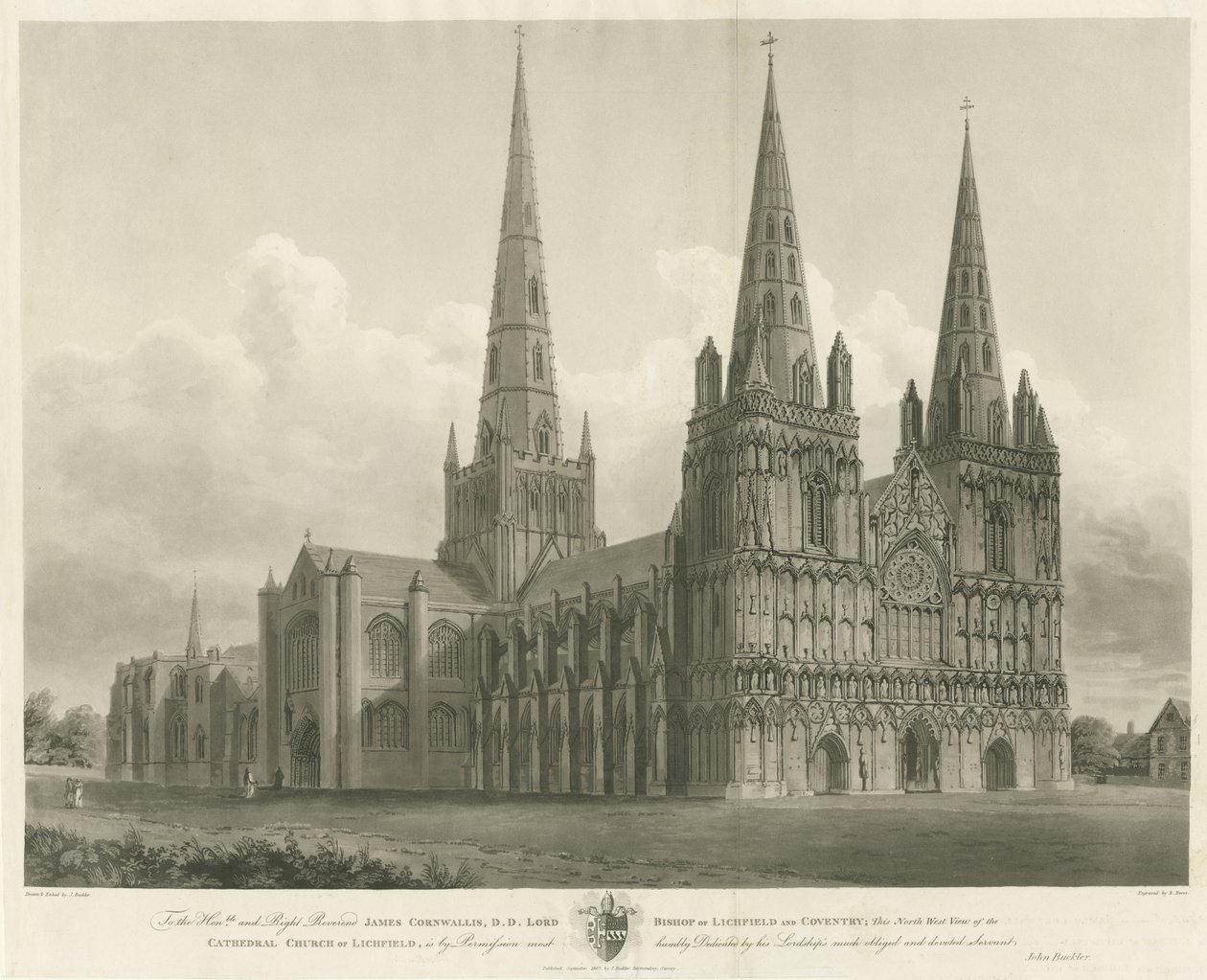 Lichfield Cathedral - North West View: gravering, [1807] av John Buckler
