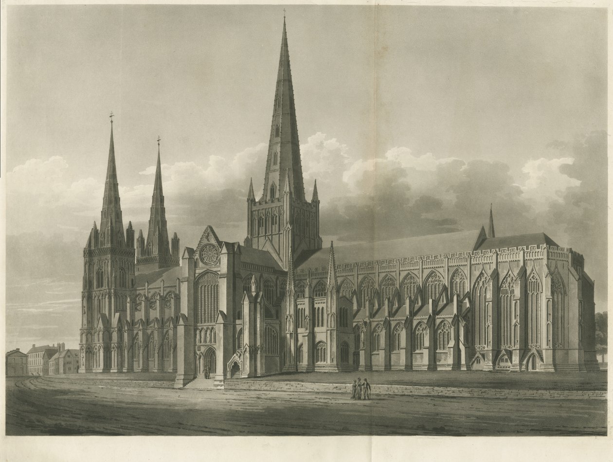 Lichfield Cathedral - South East View: akvatintgravering, og [?1800-tallet] av John Buckler