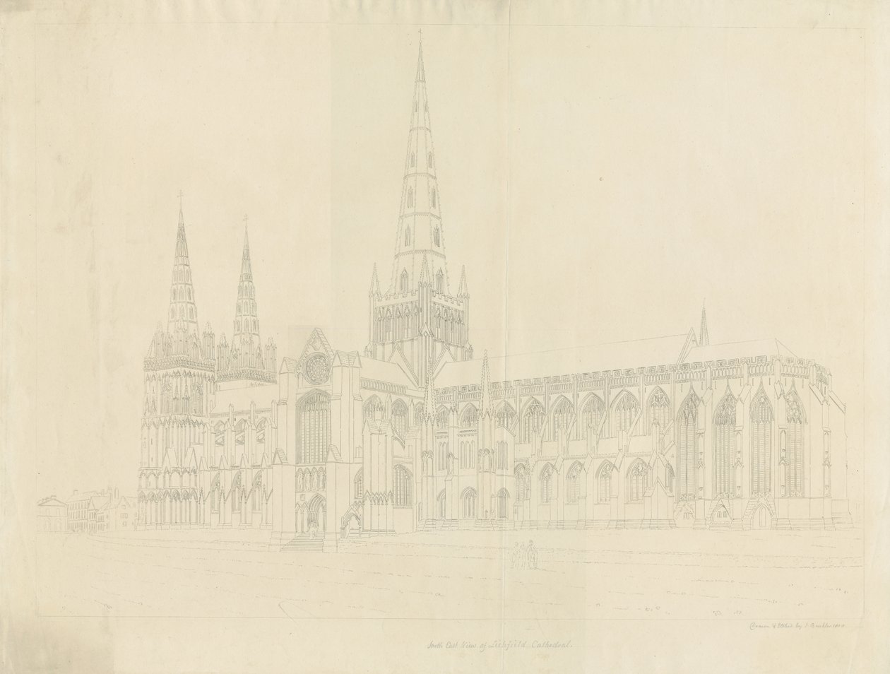 Lichfield Cathedral - South East View: konturetsing, nd [1808] av John Buckler