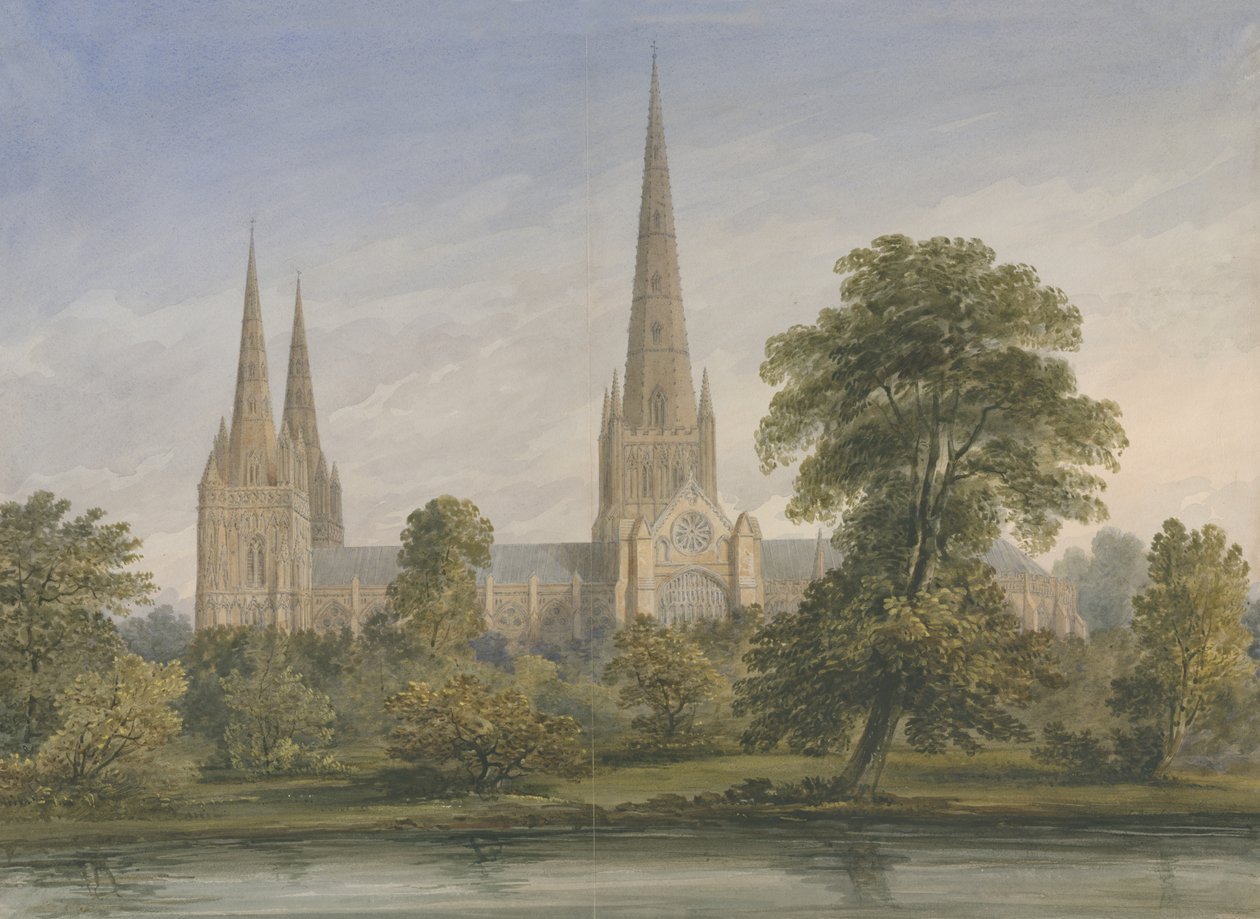 Lichfield Cathedral - South East View: vannfargemaleri, nd [?1842] av John Buckler
