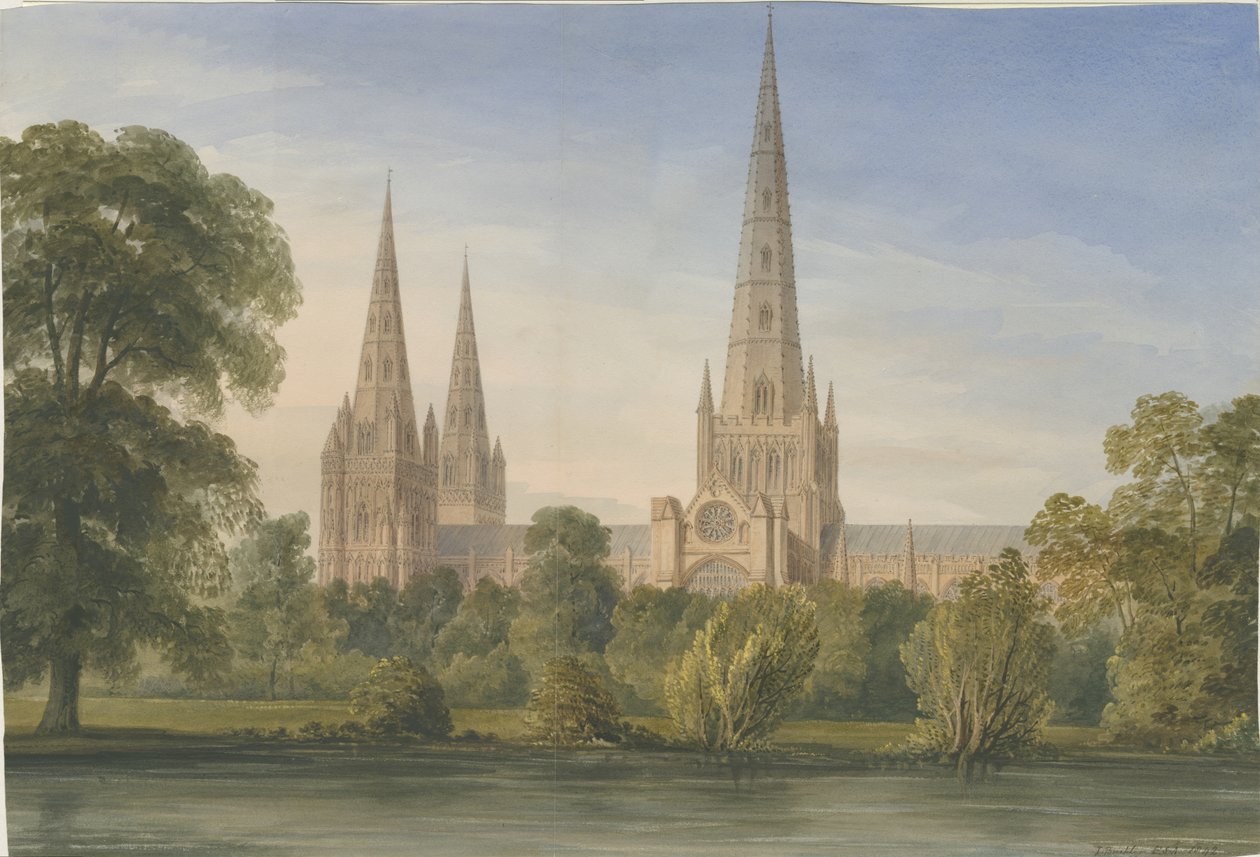 Lichfield Cathedral - South South East View: vannfargemaleri, 1842 av John Buckler