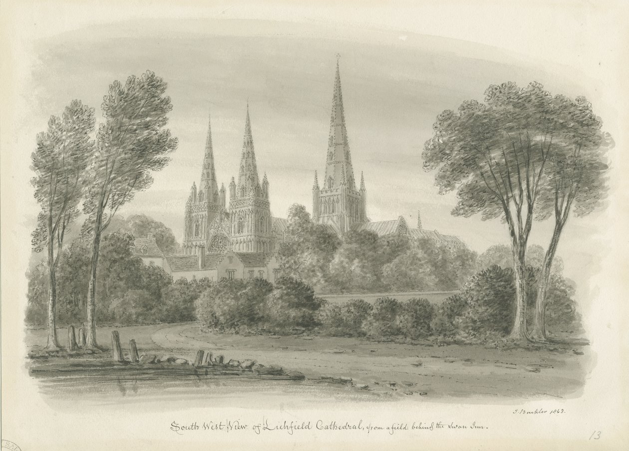 Lichfield Cathedral - South West View: sepia-tegning av John Buckler