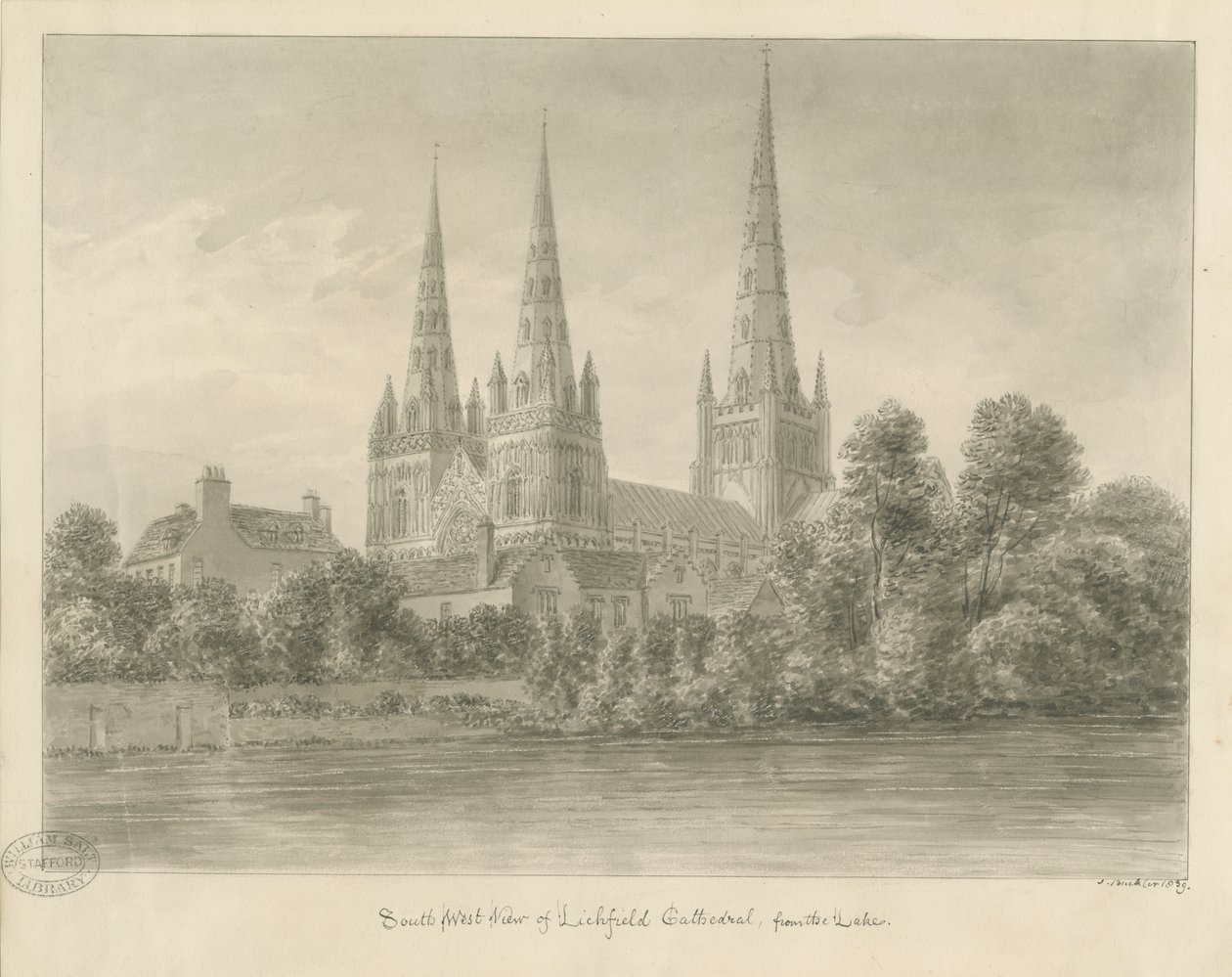 Lichfield Cathedral - South West View: sepia-tegning av John Buckler