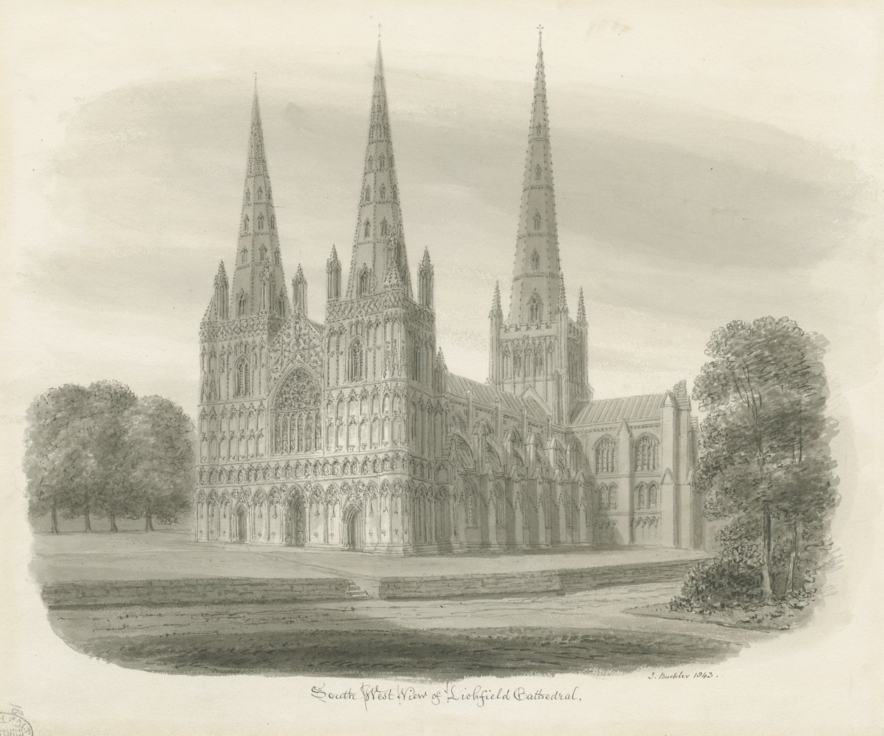 Lichfield Cathedral - South West View: sepia-tegning av John Buckler
