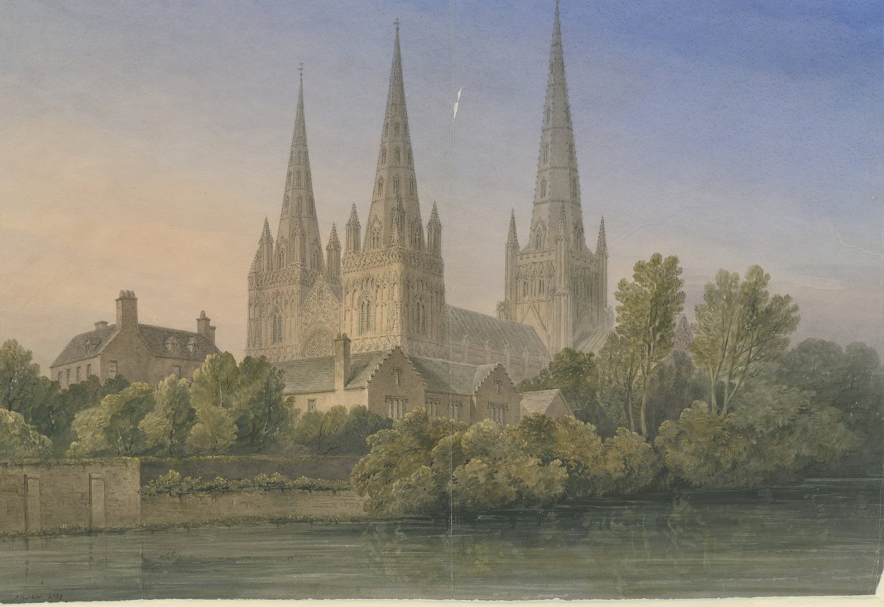 Lichfield Cathedral - South West View: vannfargemaleri, 1839 av John Buckler