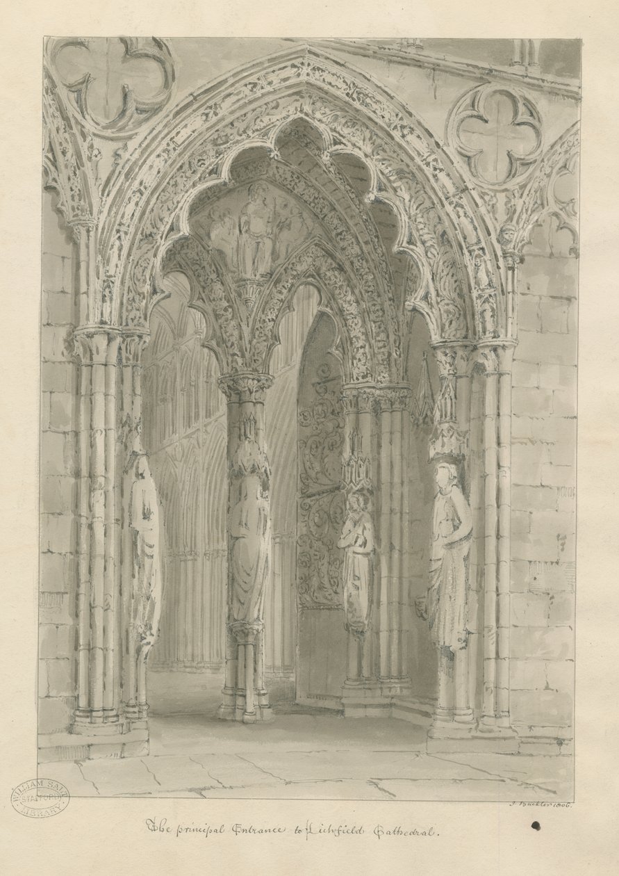 Lichfield Cathedral - West Doorway: sepia-tegning av John Buckler