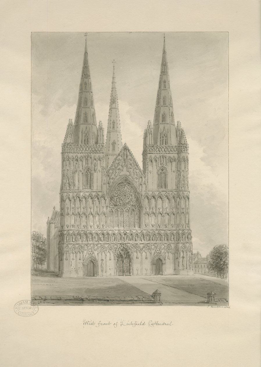 Lichfield Cathedral - West Front: sepia-tegning, 1806 av John Buckler