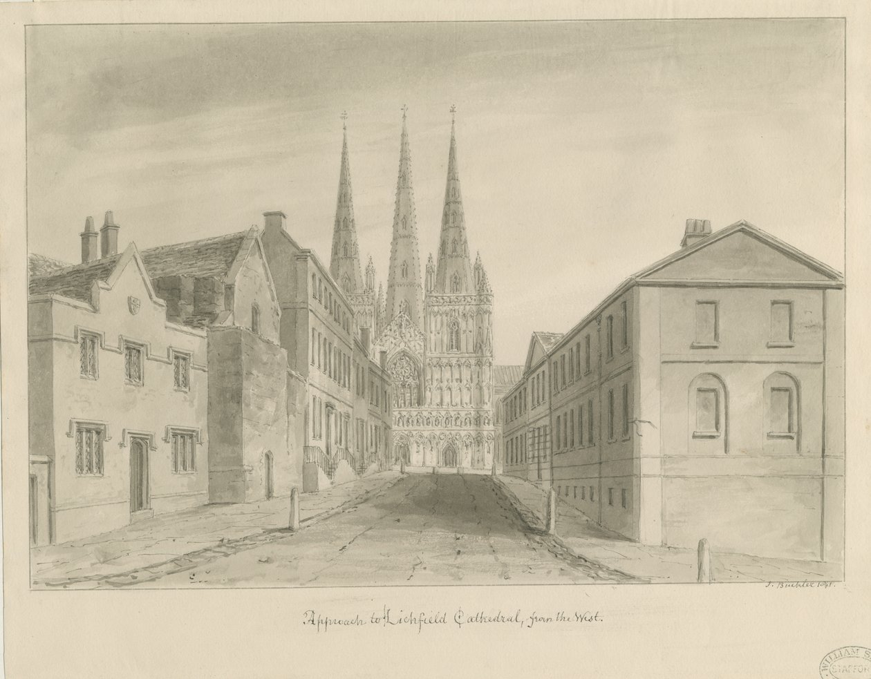 Lichfield Cathedral: sepia-tegning av John Buckler
