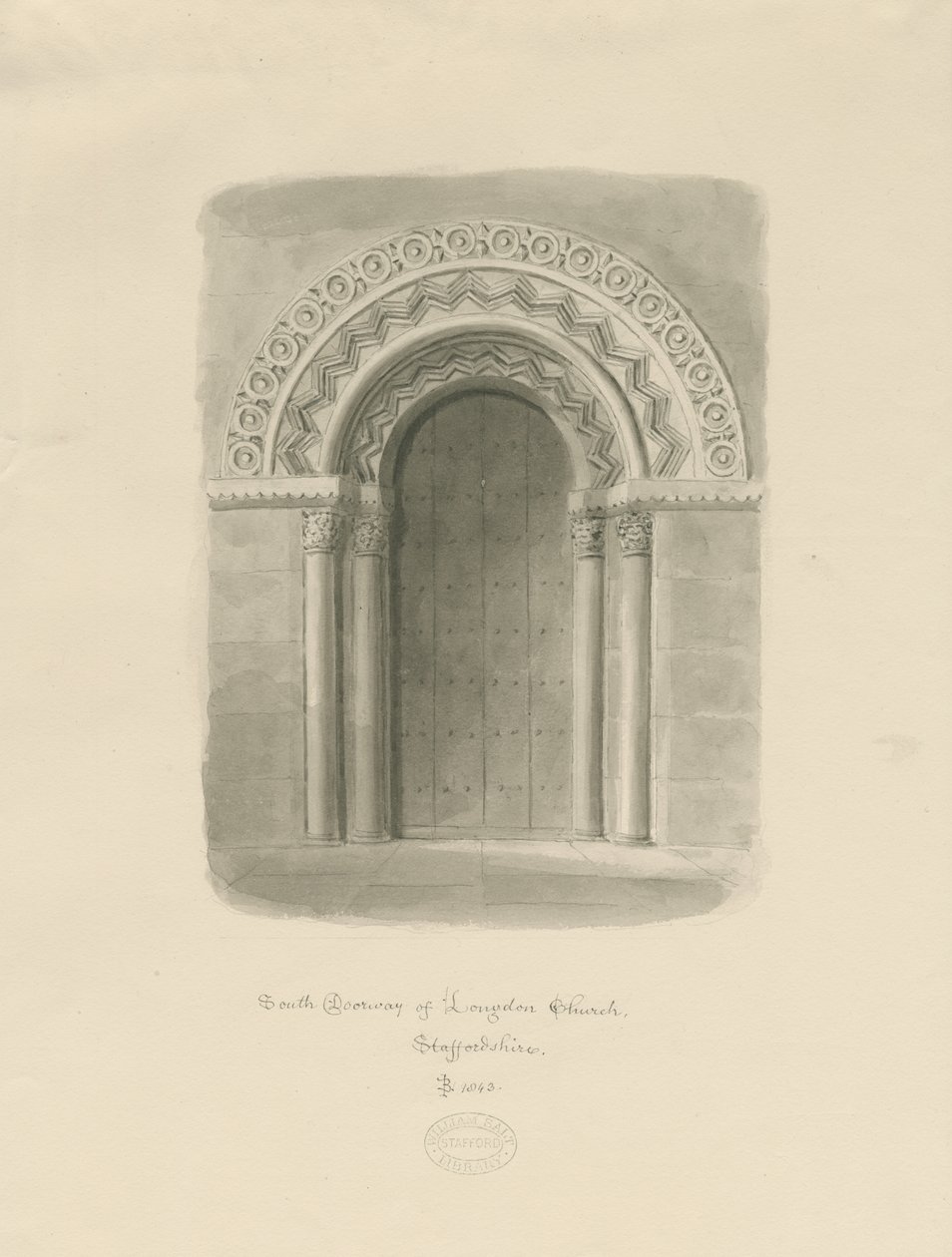 Longdon Church - South Doorway: sepia-tegning av John Buckler