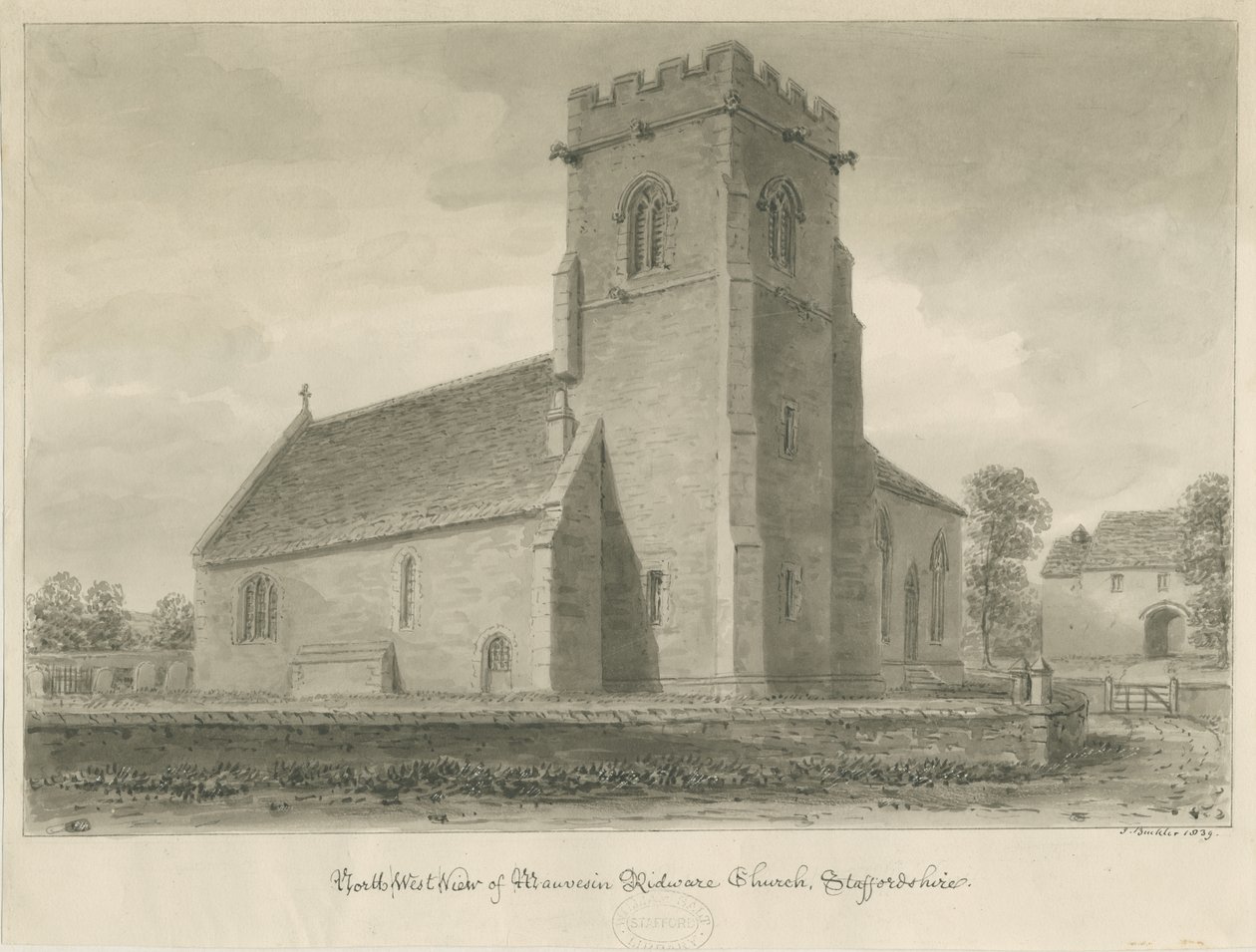Mavesyn Ridware Church: sepia-tegning, 1839 av John Buckler