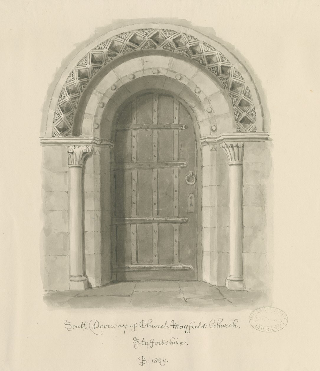 Mayfield Church - South Doorway: sepia vasketegning, 1839 av John Buckler