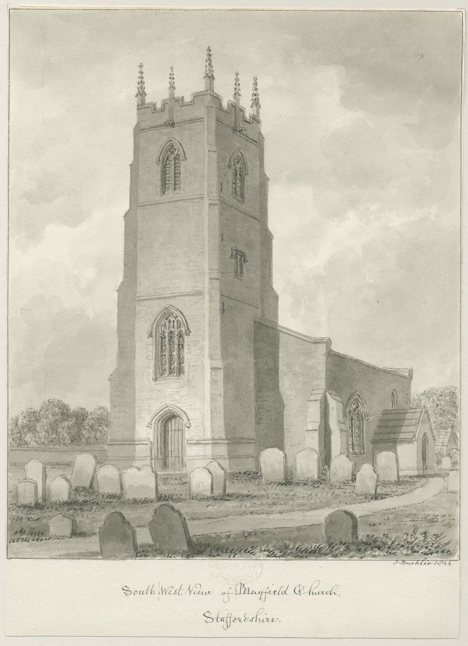 Mayfield Church: sepia-tegning av John Buckler