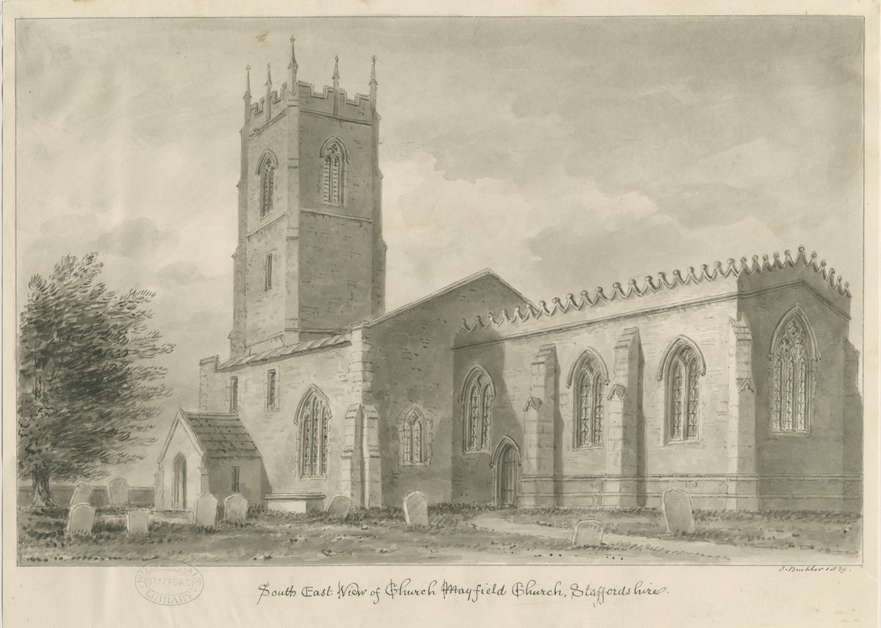 Mayfield Church: sepia-tegning, 1839 av John Buckler