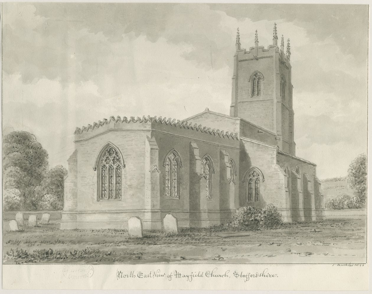 Mayfield Church: sepia-tegning, 1844 av John Buckler