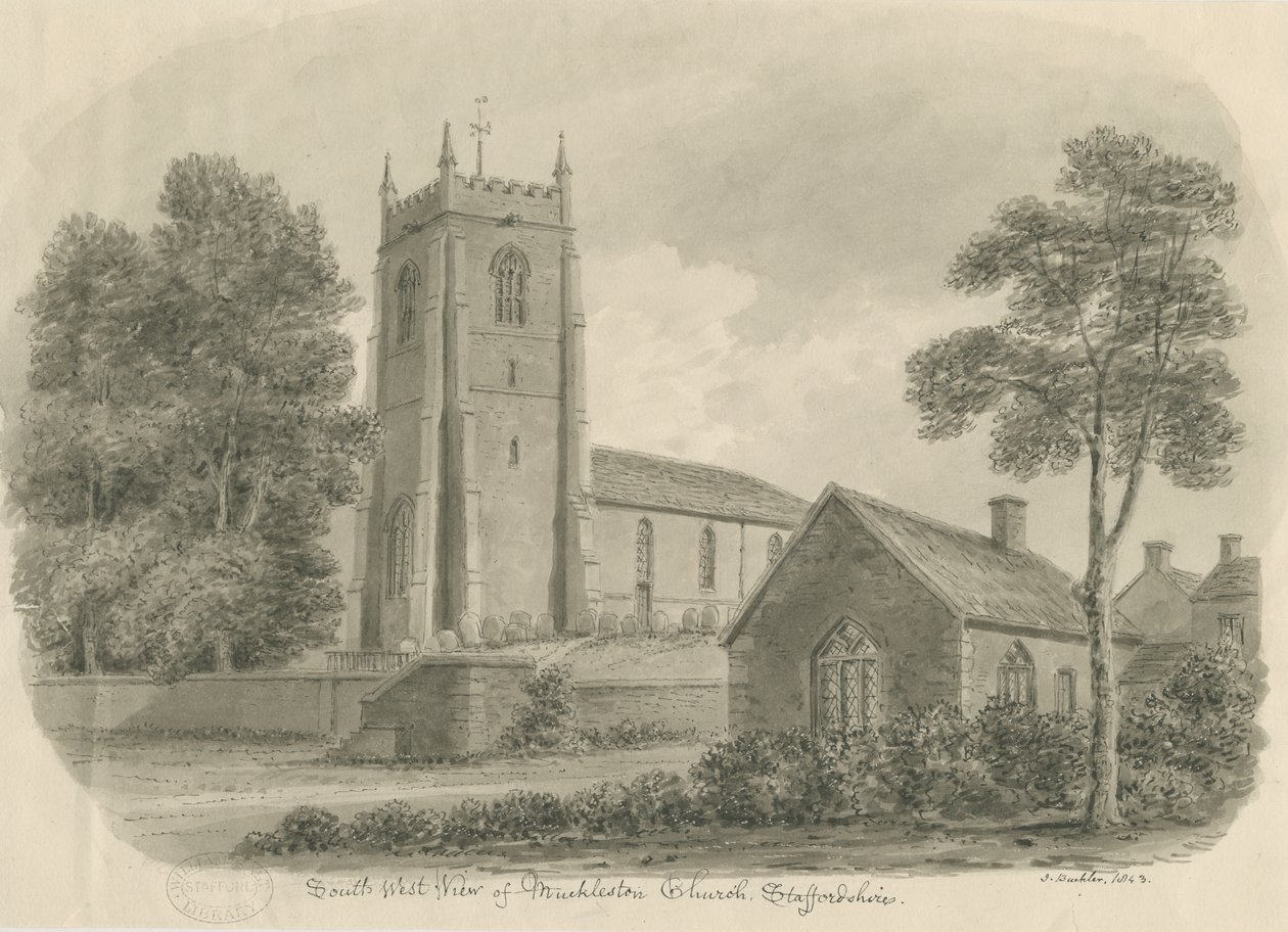Mucklestone Church: sepia vask tegning av John Buckler