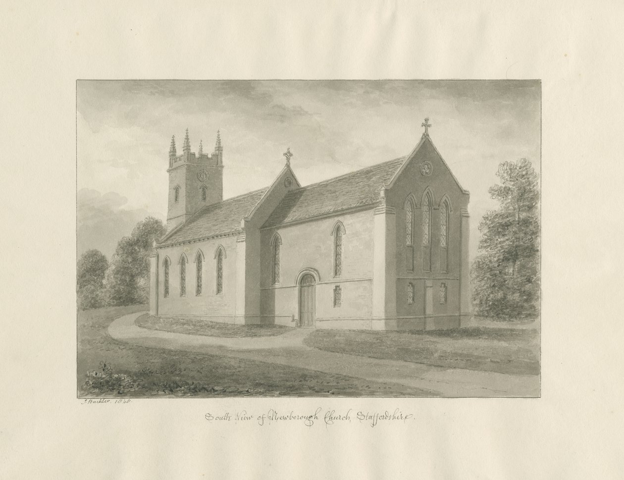 Newborough Church: sepia vask tegning av John Buckler