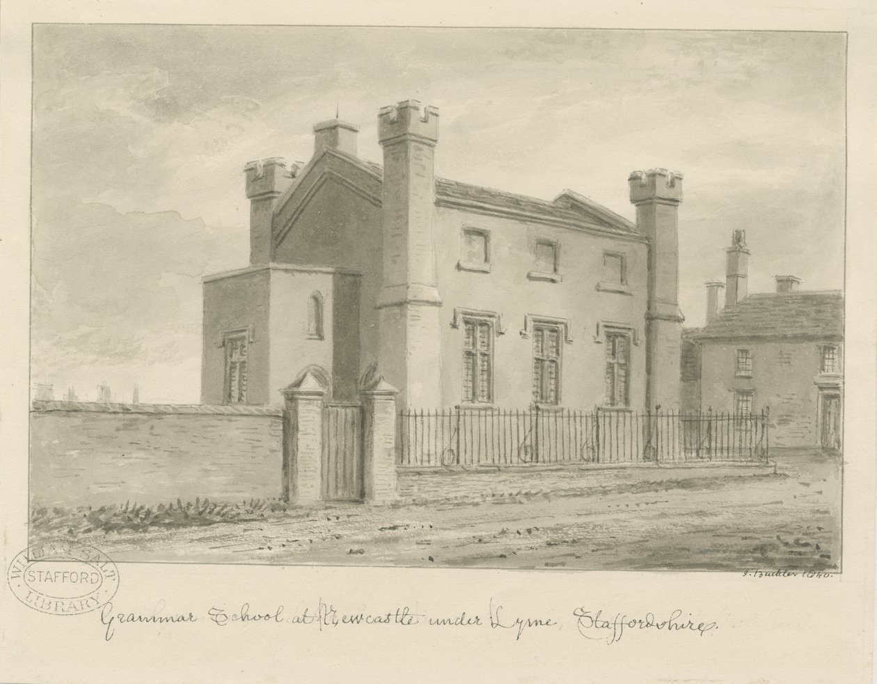 Newcastle-under-Lyme - Grammar School: sepia vasketegning, 1840 av John Buckler