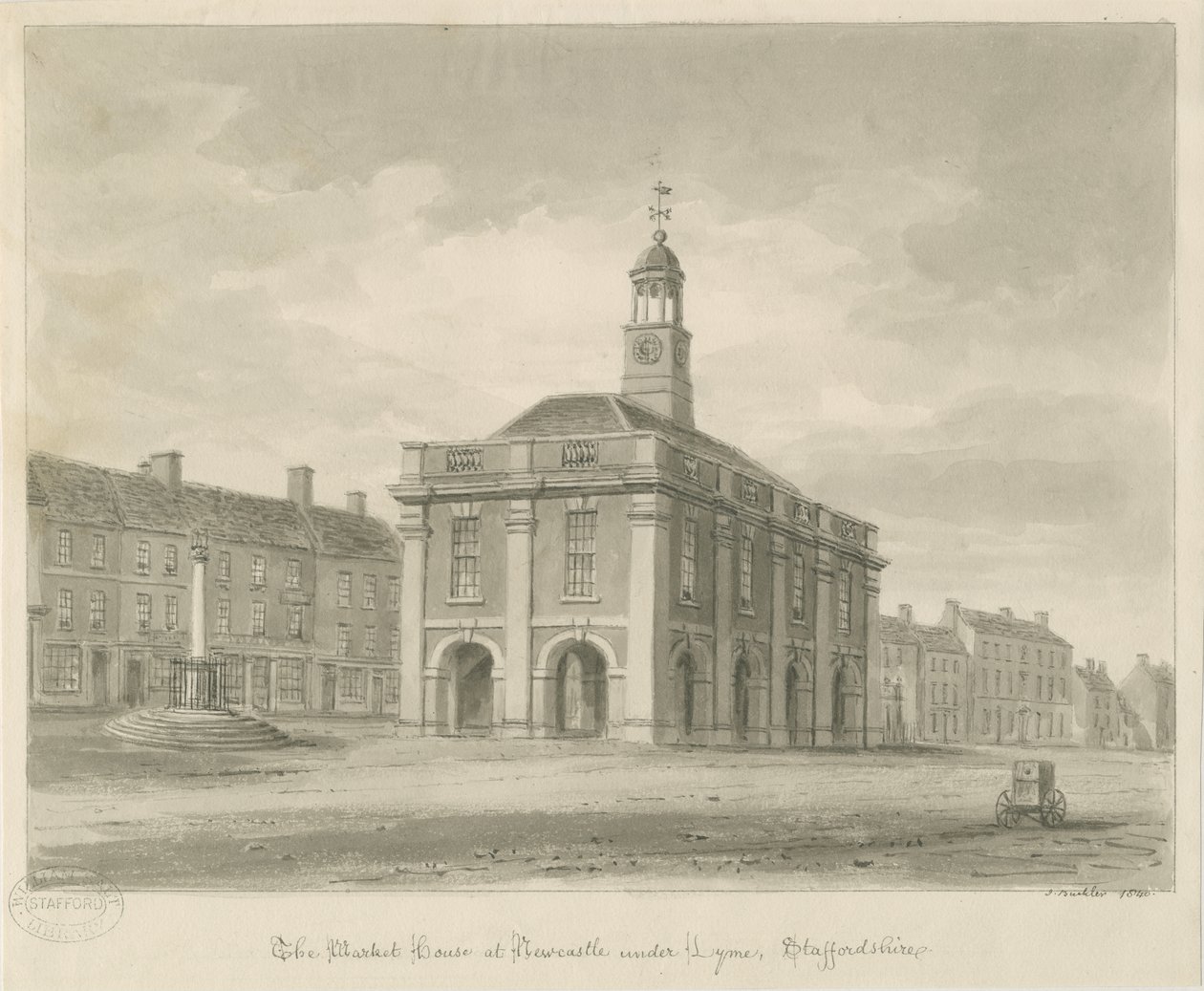 Newcastle-under-Lyme - Market Square: sepiavask-tegning, 1840 av John Buckler