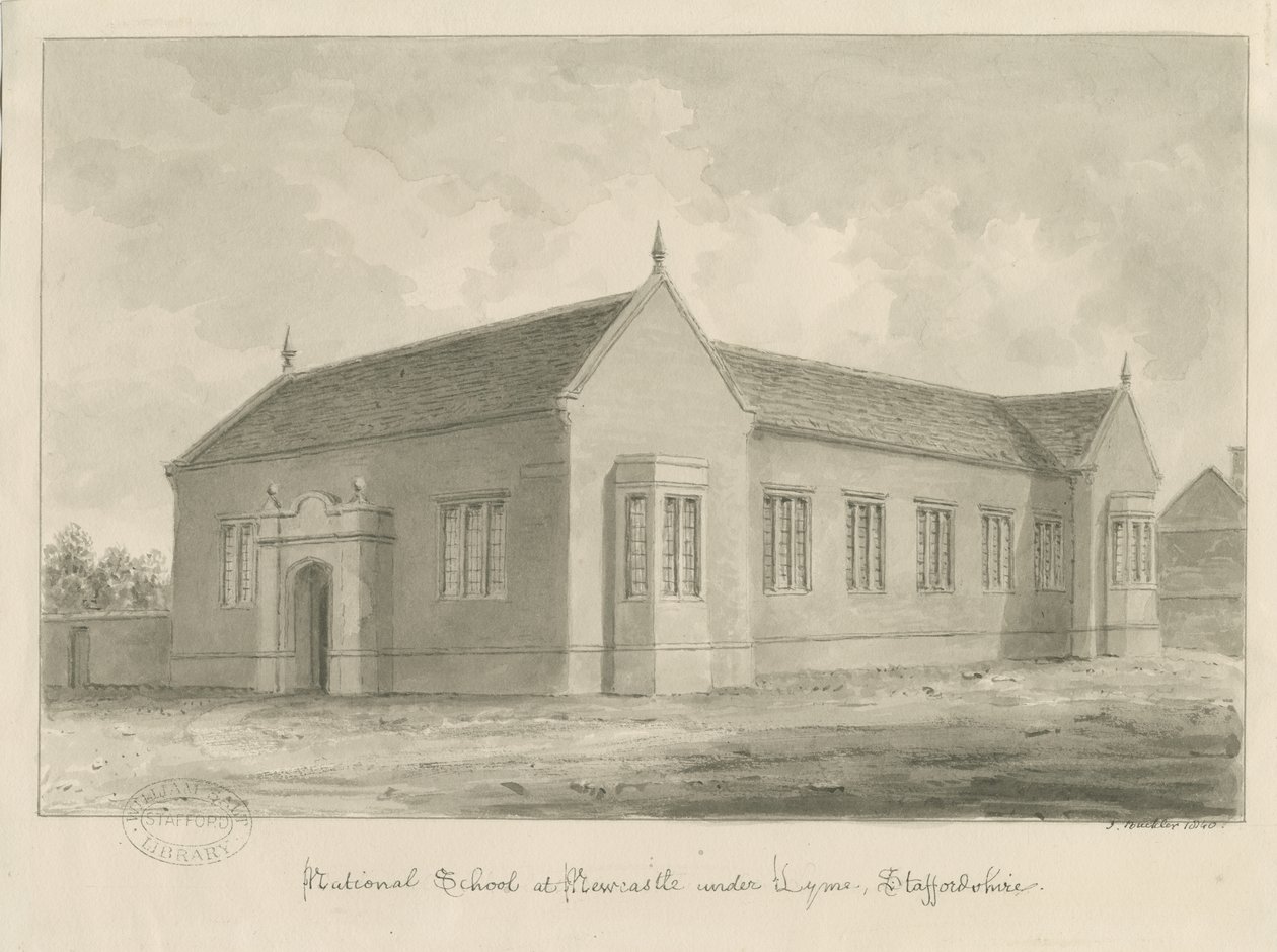 Newcastle-under-Lyme - National School: sepia vask tegning av John Buckler