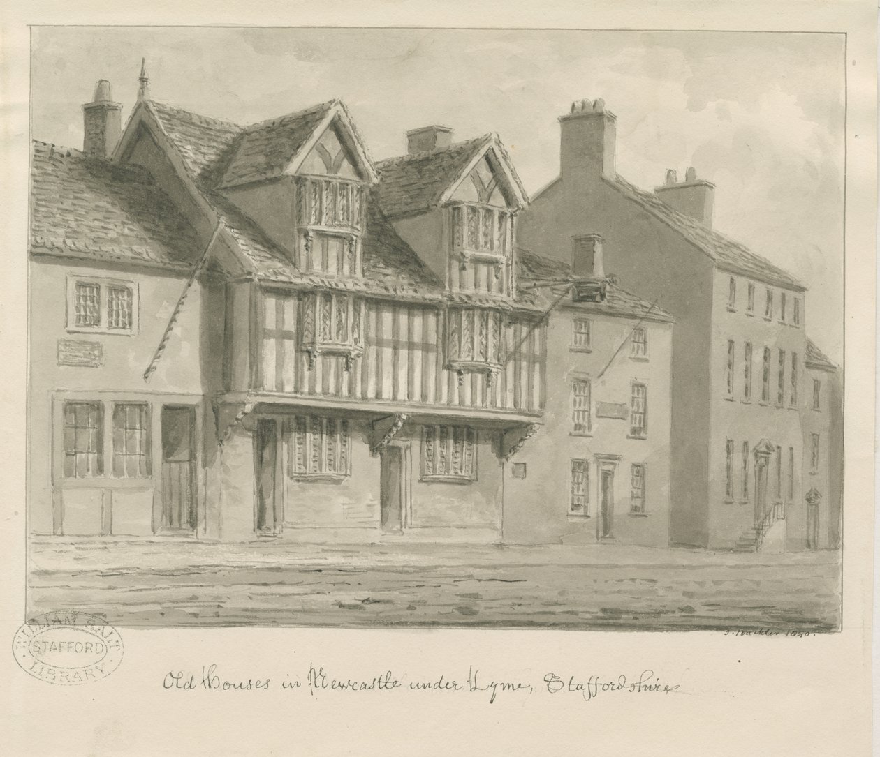Newcastle-under-Lyme - Gamle hus: sepia-tegning, 1840 av John Buckler