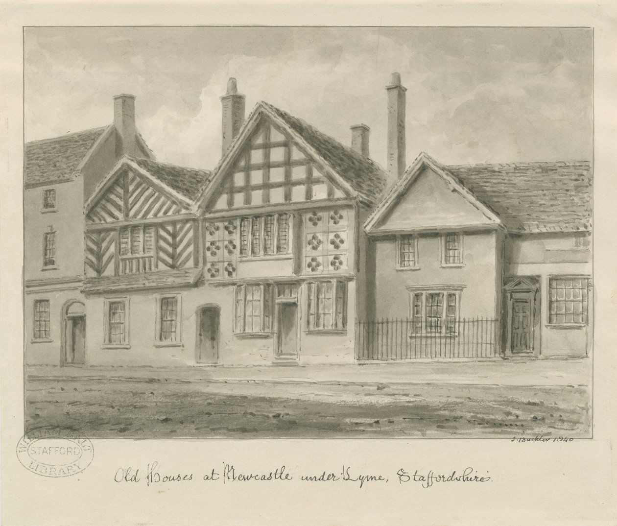 Newcastle-under-Lyme - Gamle hus: sepia-tegning, 1840 av John Buckler