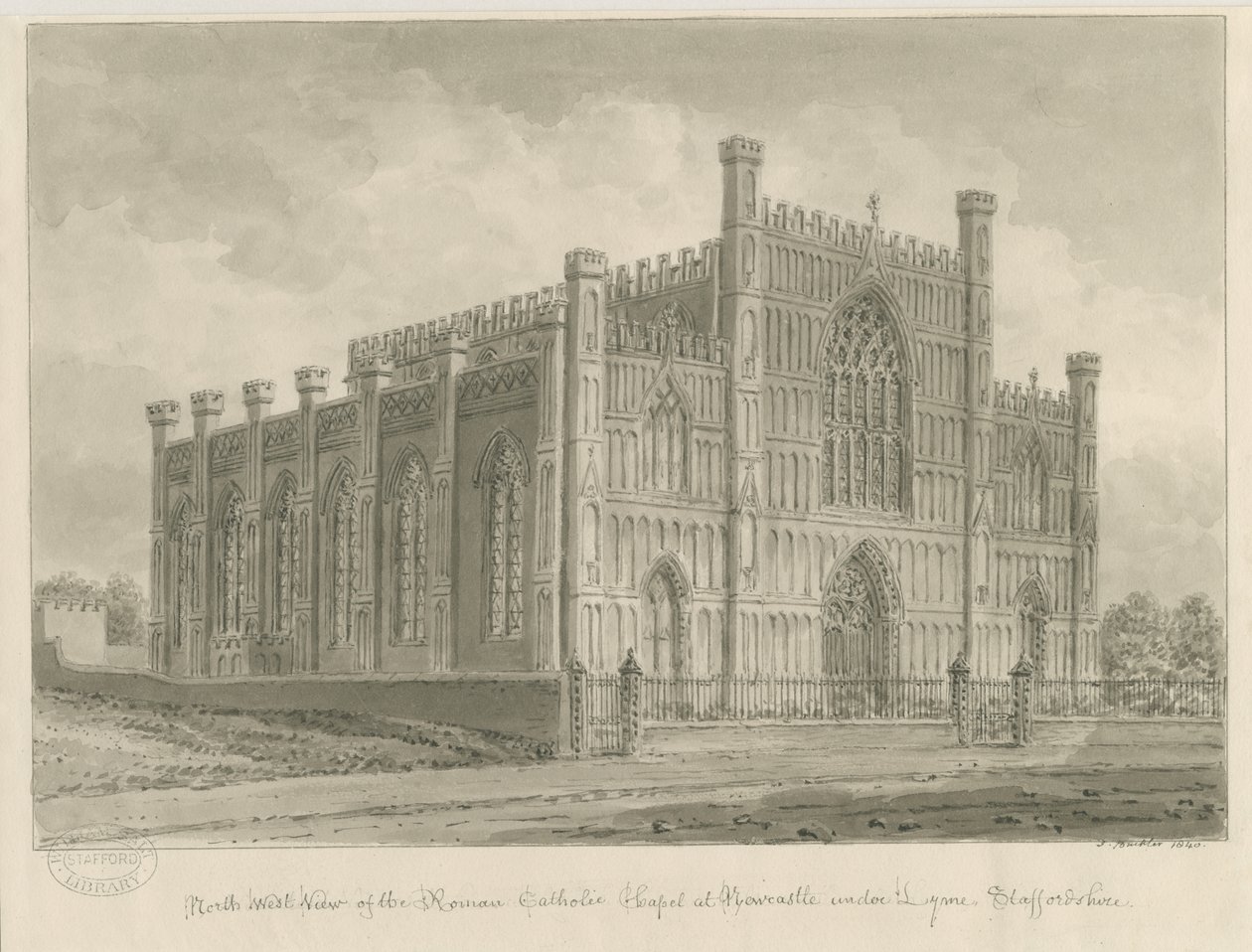 Newcastle-under-Lyme - romersk-katolske kapell: sepia-vasketegning, 1840 av John Buckler