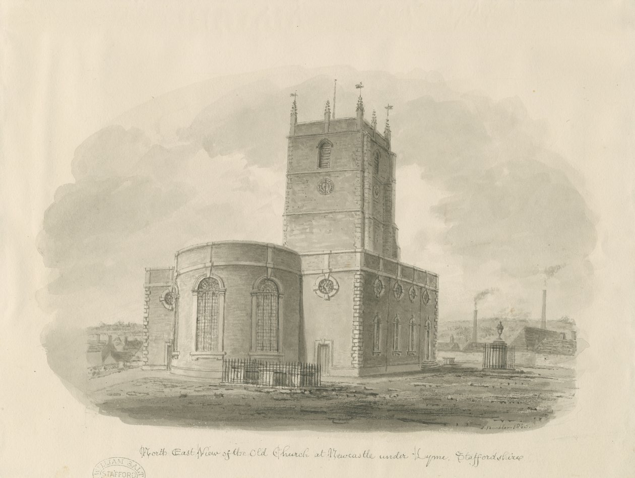 Newcastle-under-Lyme - 'St. Giles the Abbed' (Old Church): sepiavask-tegning av John Buckler