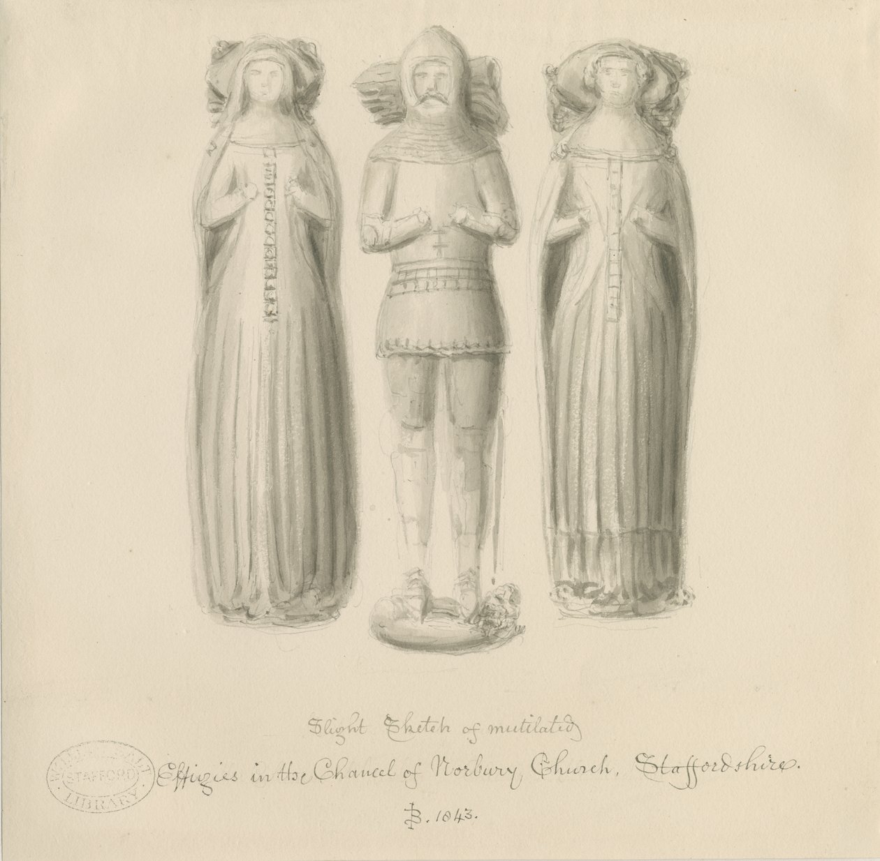 Norbury Church - Effigy [av Sir Edward Botiler]: sepia-tegning av John Buckler