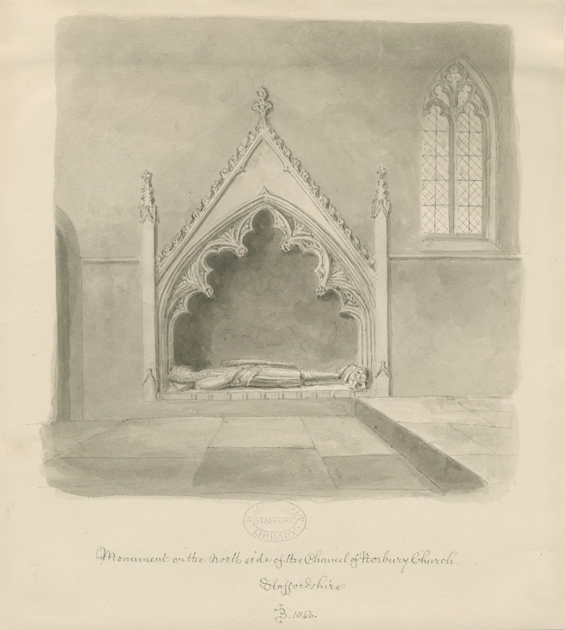 Norbury Church - Monument til Ralph le Boteler: sepia vasketegning, 1843 av John Buckler