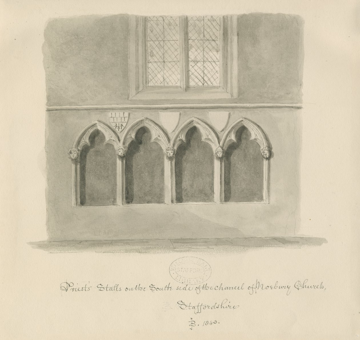 Norbury Church - Priests" boder: sepia vasketegning, 1843 av John Buckler