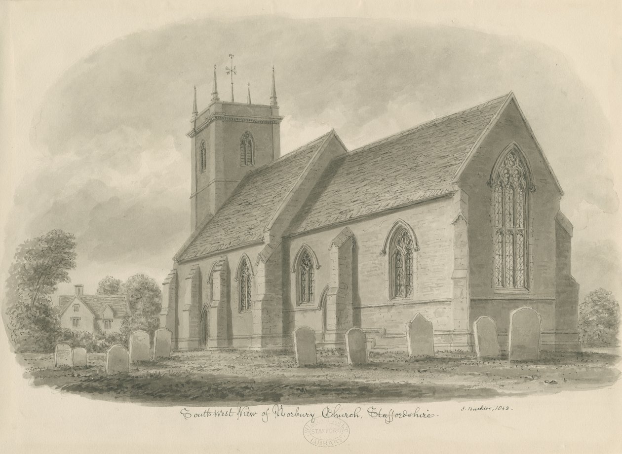 Norbury Church: sepia vasketegning, 1843 av John Buckler