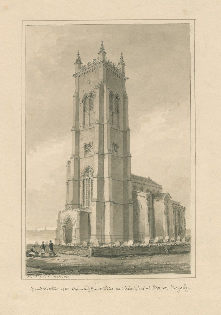Norfolk - Cromer - St. Peter og St. Pauls kirke: sepia-tegning, 1847 av John Buckler