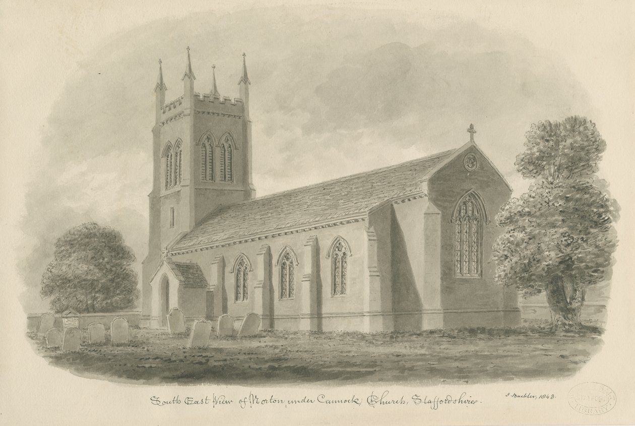 Norton Canes Church: sepia vask tegning av John Buckler