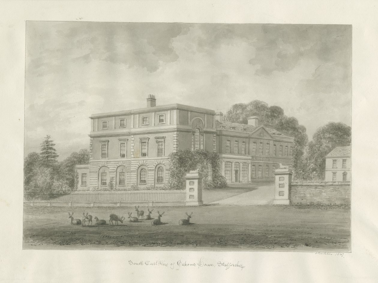 Okeover Hall: sepia vasketegning, 1847 av John Buckler