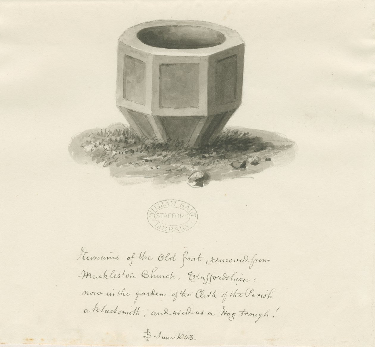 Gammel skrift fra Mucklestone Church: sepia vasketegning, juni 1843 (tegning) av John Buckler