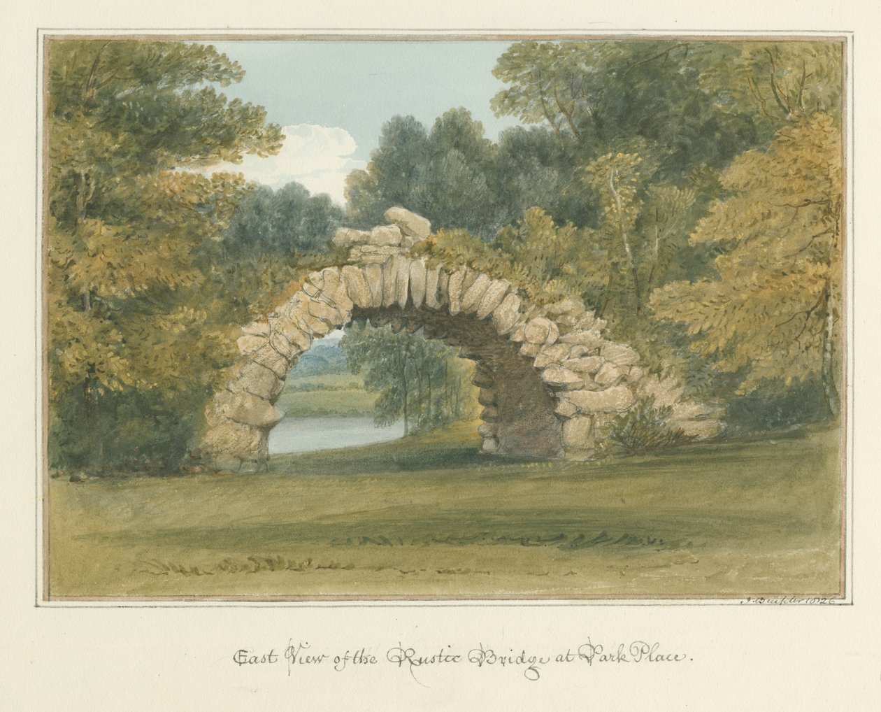 Oxfordshire - Henley upon Thames - Rustic Bridge ved Park Place, 1826 av John Buckler