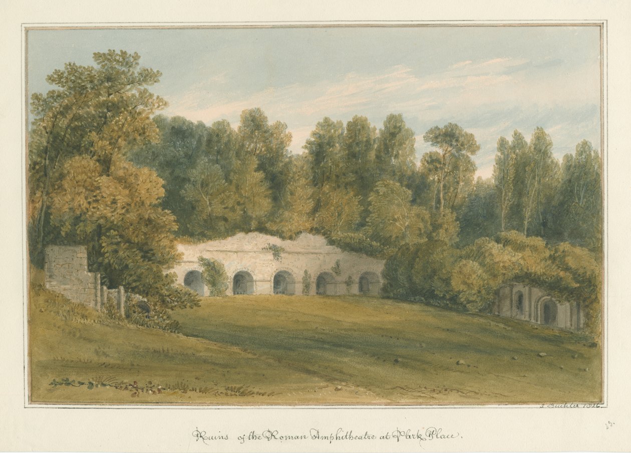 Oxfordshire - Henley upon Thames - Romersk amfiteater på Park Place, 1826 av John Buckler