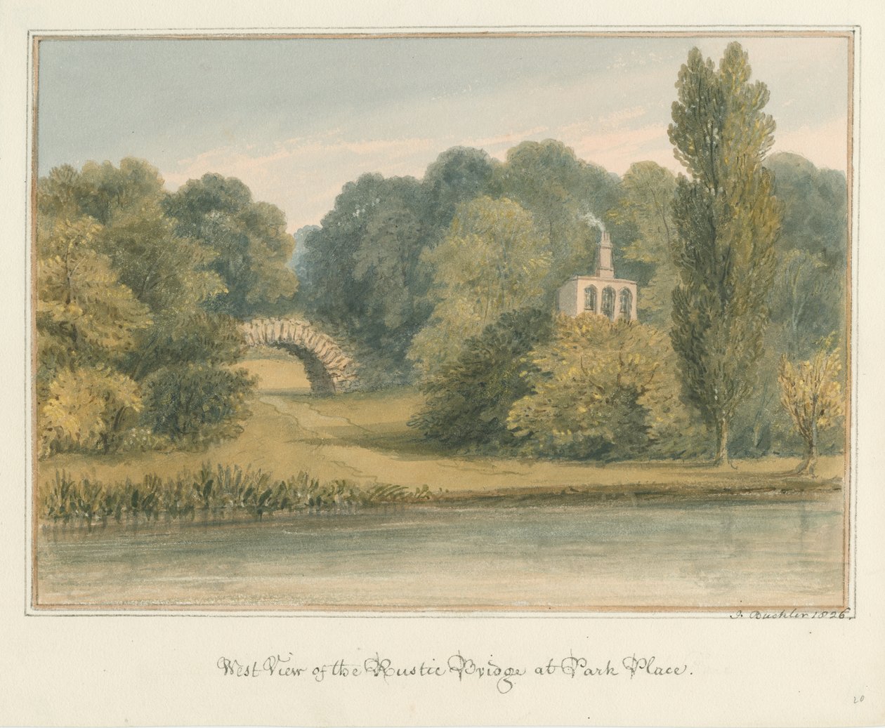 Oxfordshire - Henley upon Thames - Rustic Bridge ved Park Place, 1826 av John Buckler