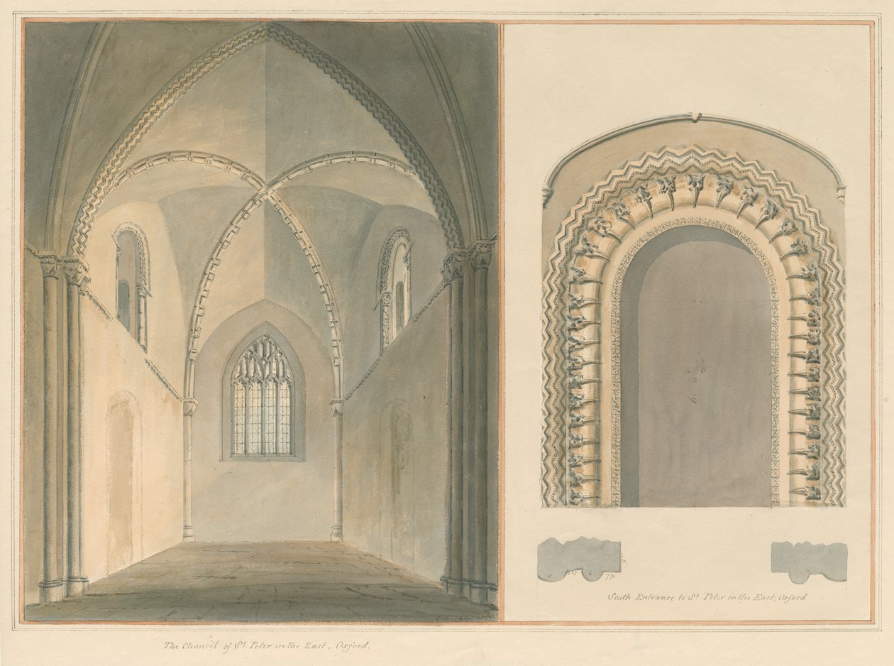 Oxfordshire - Oxford - Chancel and South Entrance of St. Peter in the East Church, 1803 av John Buckler