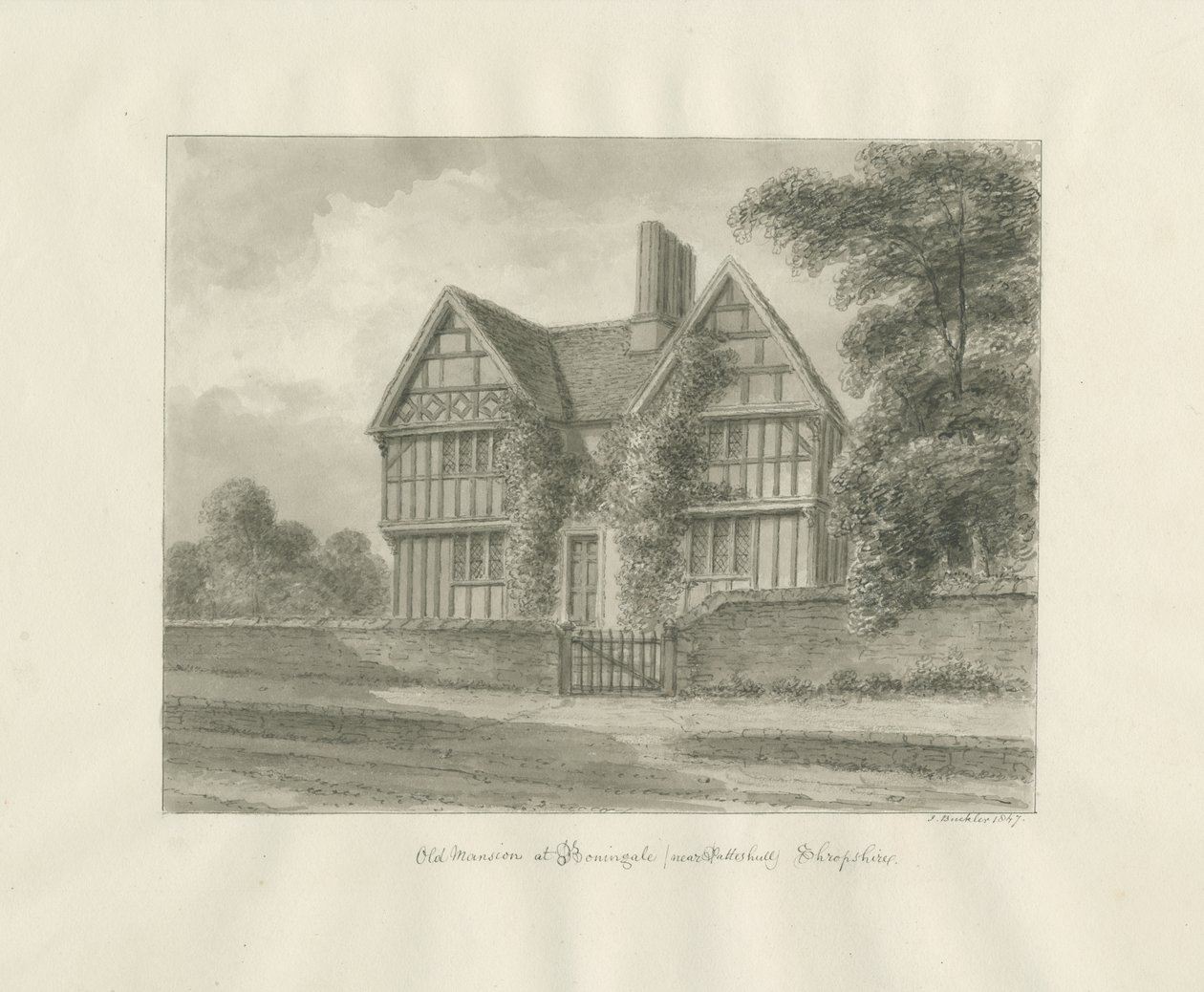 Patshull - Old Mansion at Boningale: sepia vasketegning, 1847 av John Buckler