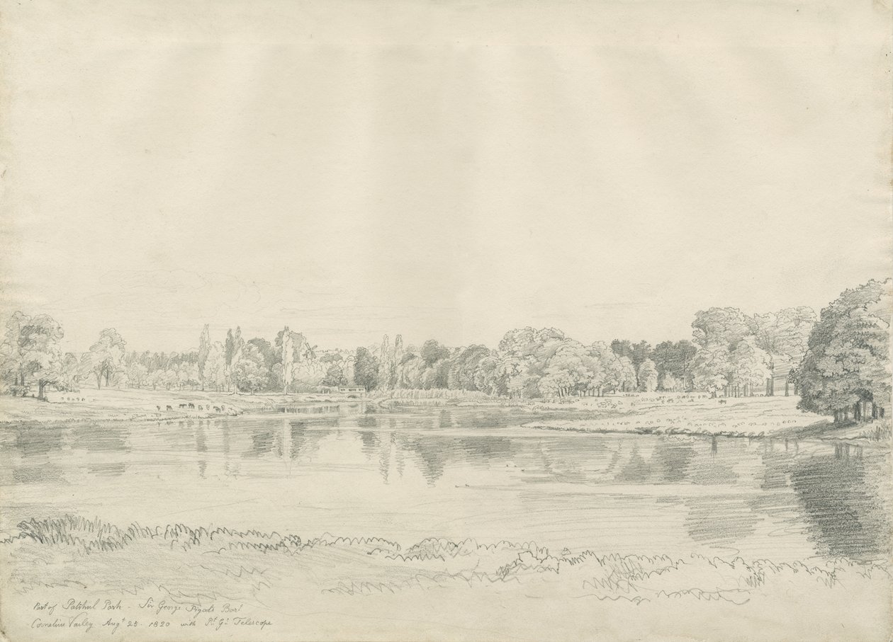 Patshull House - Park and Pool: blyanttegning, 25. august 1820 av John Buckler