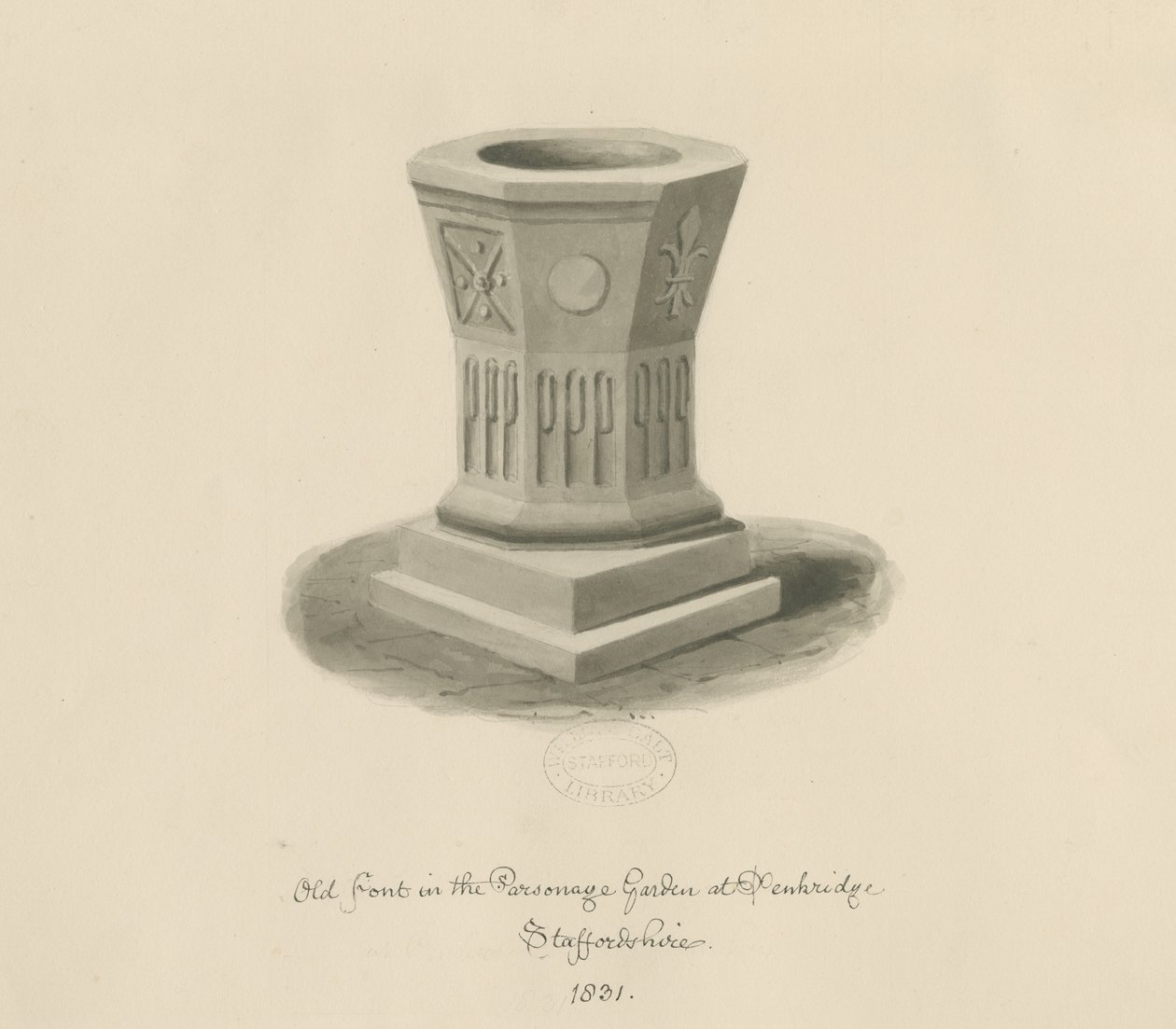 Penkridge - Font in Parsonage Garden: sepia-tegning av John Buckler