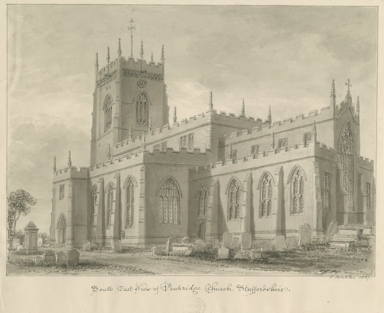 Penkridge Church: sepia-tegning av John Buckler
