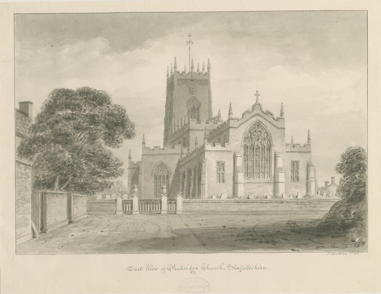 Penkridge Church: sepia-tegning av John Buckler
