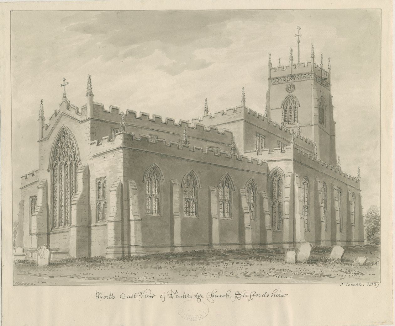 Penkridge Church: sepia-tegning, 1837 av John Buckler