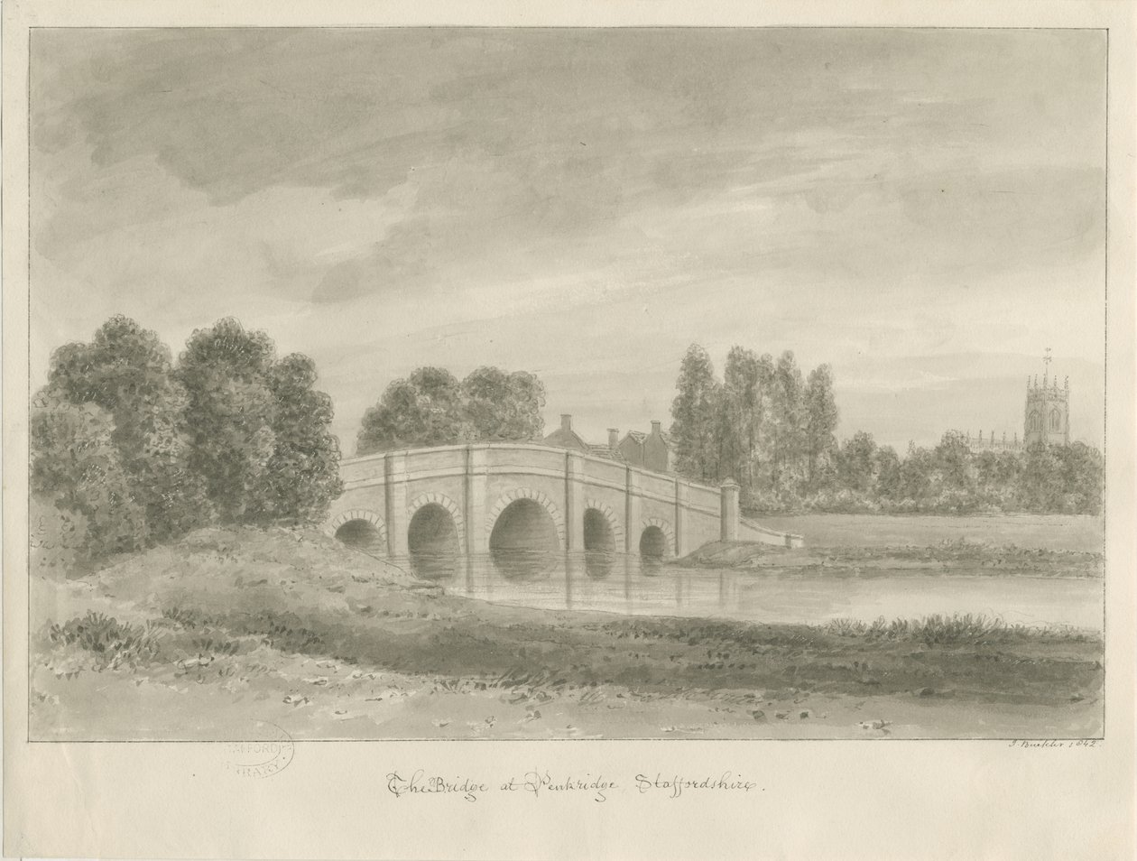 Penkridge Town - [Bull] Bridge: sepia-tegning av John Buckler