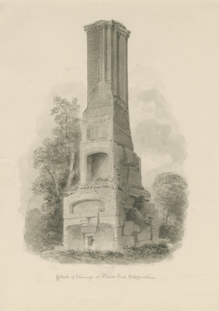 Pillaton Hall - Kitchen Chimney: sepia-tegning (vignettert), nd [1841] (tegning) av John Buckler
