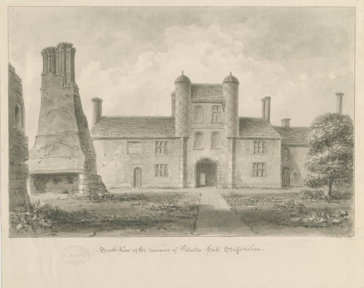 Pillaton Hall: sepia tegning av John Buckler