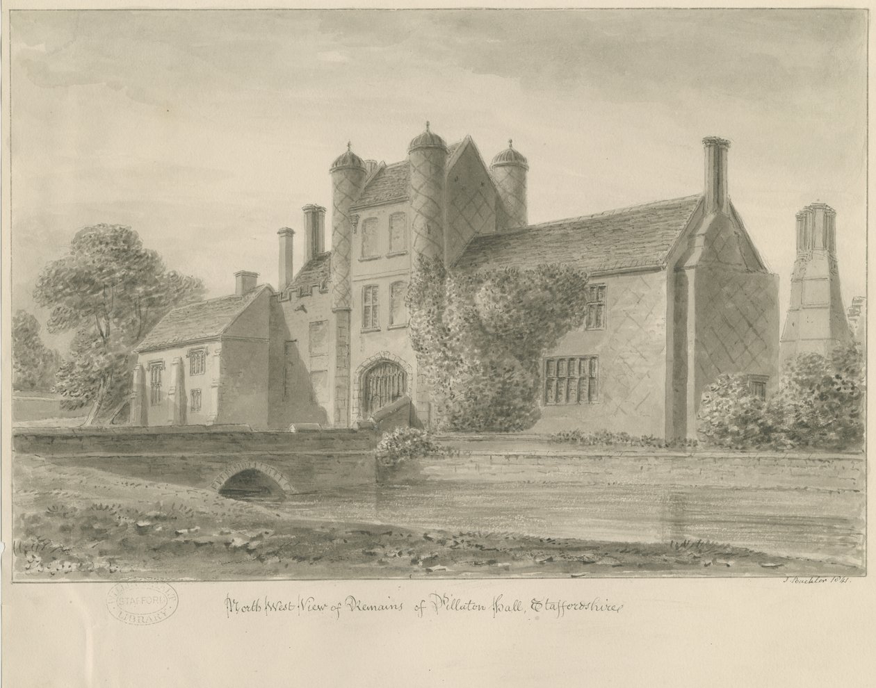 Pillaton Hall: sepia-tegning, 1841 av John Buckler