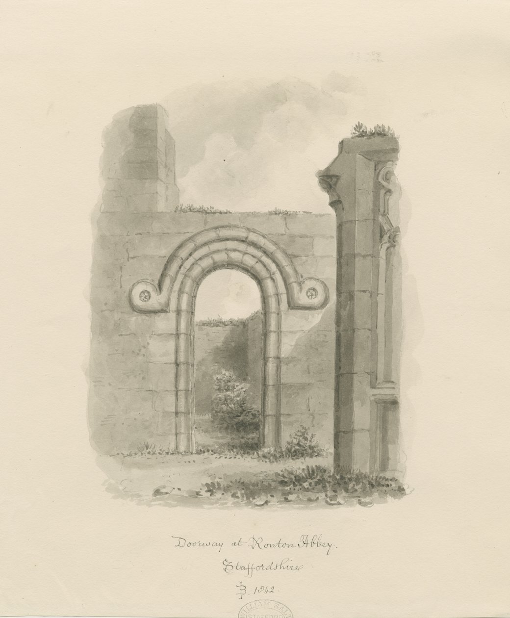 Ranton Abbey [Priory] - Rester av en døråpning: sepia-tegning av John Buckler